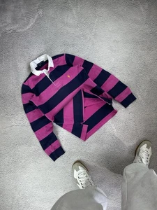 Ralph Lauren Rugby Shirt M Striped Purple Navy Long Sleeve Polo Vintage USA - Picture 1 of 12