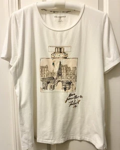 Camiseta blanca Karl LAGERFELD para mujer París Torre Eiffel L dorada nueva sin etiqueta - Imagen 1 de 4