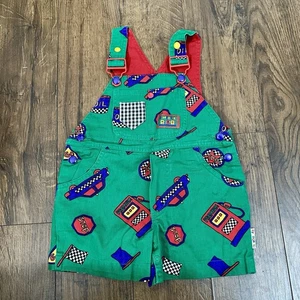 Vintage Gymboree Rainbow Tag Overall Shorts Cars Checkered Flag Green 90’s Gr. XS - Bild 1 von 5