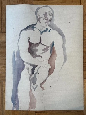 Vintage 1940s Academic Watercolor Painting Muscular Man Male Gay Int 14 x 20 - Image 1 of 4