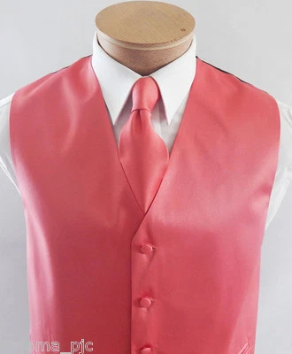Coral XS to 6XL Solid Tuxedo Suit Dress Vest Waistcoat & Neck tie Wedding 10X - Image 1 of 4
