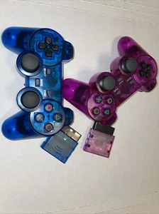 PLAYSTATION 2 PS2 Dual Vibration WIRELESS Controller CLEAR PURPLE BLUE SET OF 2 - Picture 1 of 24