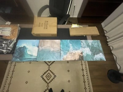 4-panel Canvas Wall Art for Home Decor Blue Sea Sunset White Beach Painting - Image 1 of 4