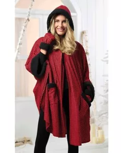 OSFM Midnight Velvet Red Black Houndstooth Sherpa Cape and Glove Set - Picture 1 of 5