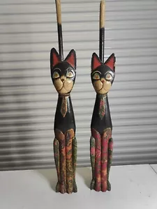 VTG Set of 2 Hand carved & Painted Wooden Cats Brown Folk Art - Picture 1 of 7