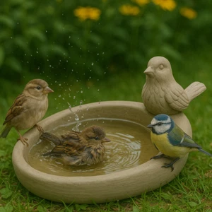 Vogeltränke aus Stein Vogelbad mit Deko-Vogelfigur Wetterfest frostfest Garten - Bild 1 von 7