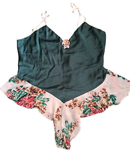 VTG VAL MODE teddy lingerie snap crotch jade green floral ruffle skirt  USA