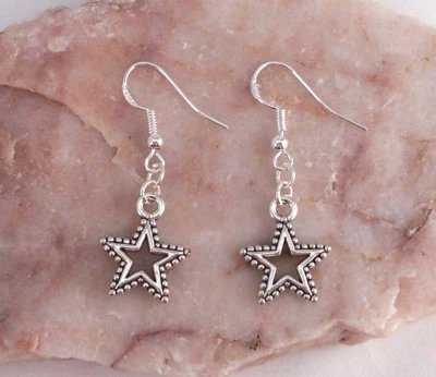 Tibetan Silver Star,925 Silver Hook Earrings.Handmade In Gift Bag Foto 1 de 3