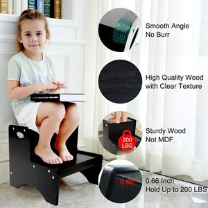 HAJACK Step Stools for Kids, Black , Wooden Two Step Stool Safety Non-Slip Mats - Picture 1 of 5