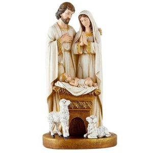 Catholic Holy Family 10 inch Statue Elegant White Gold Lamb Jesus in Manger Crib - Picture 1 of 1