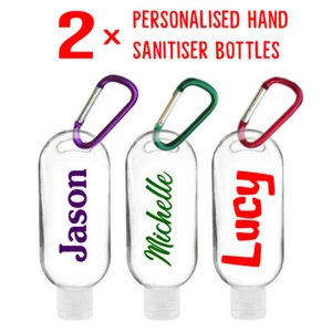 Personalised Refillable Hand Gel 50ml Bottles & Clip SET OF 2 Shampoo Sun Cream - Picture 1 of 10
