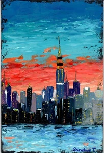 Original Oil Painting Sunset New York Cityscape Hand Painted City Art 12x8 inch - Picture 1 of 9
