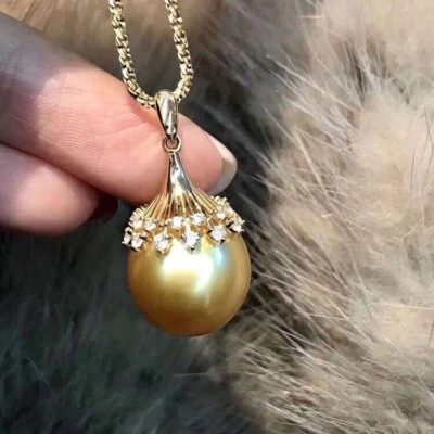 Sumptuous AAA+ 11-12mm Real South Sea golden Round Pearl Pendant Necklace 14KGP - Image 1 of 4