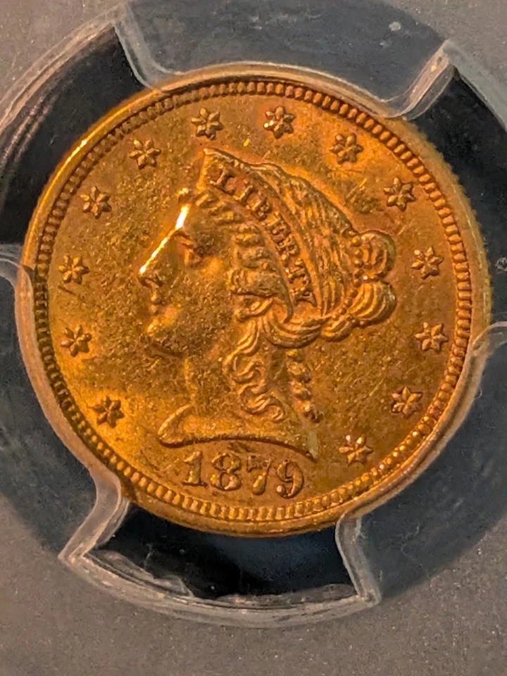 1879 年自由头 2.5 美元鹰金 PCGS AU58(代码 666 — 第 1/4 张图片