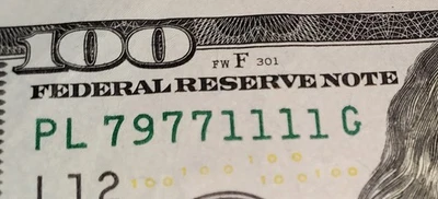 $100 Bill PL79771111G — Fancy Serial Quad 1111 Ending — Circulated - Image 1 of 4