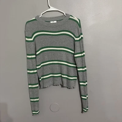 Suéter BP para mujer a rayas verde gris manga larga borde lechuga dobladillo talla grande Foto 1 de 4