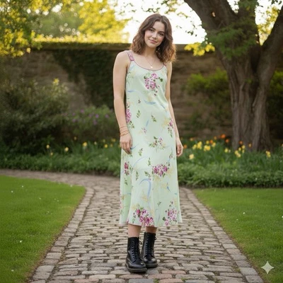 Vintage Y2K Oscar de la Renta Pink Label Slip Dress Nightgown M Floral Pistachio - Image 1 of 4