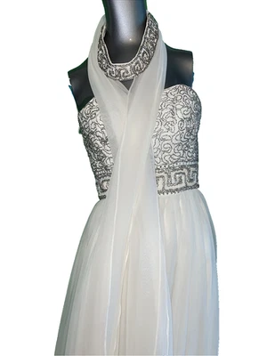1970’s  Mike Benet Ivory Chiffon  Beaded Sequined Formal Gown Sz 11 W Scarf - Image 1 of 4