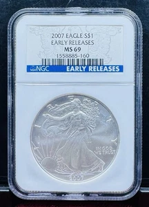 MONETA AQUILA D'ARGENTO AMERICANA -2007🔥 PRIME USCITE 1 OZ ARGENTO FINE / NGC MS-69 - Foto 1 di 14