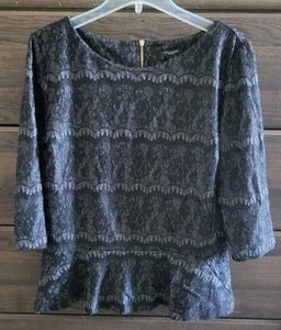 Ann Taylor Petite Gray w Black Lace Overlay PEPLUM Top, Sz MP - Picture 1 of 4
