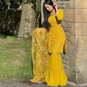TOP PALAZZO GEORGETTE IMITACIÓN AMARILLO CON DUPATTA PARA FUNCIÓN Y ROPA DE BODA - Imagen 1 de 6