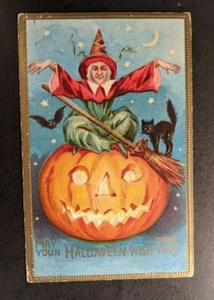 1912 Halloween Wish Witch Pumpkin Black Cat Embossed Illustrated Postcard Cover - Picture 1 of 2