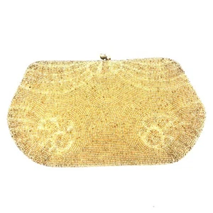 Vintage Gold Beaded Satin Inside Evening Clutch Hand Made in Japan Makeup Mirror - Picture 1 of 10