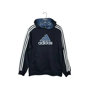 Vintage Adidas Hoodie Pullover Youth L Blue Embroidered Logo Fleece 3 Stripe - Picture 1 of 14