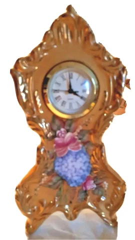 Vintage Gold Colored Clock w/Flowers Deco- 10"T-WORKS! WATCH VIDEO Cover