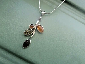 Plata de Ley Y Ámbar Moderno Colgante Flores Collar C. 2000s + Cadena Serpiente - Imagen 1 de 6