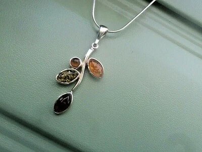 Argento Sterling E Ambra Moderno Floreale Ciondolo Collana C 2000s + Snake - Immagine 1 di 4