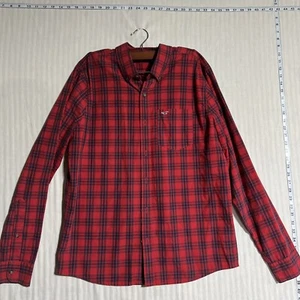 Hollister Shirt Men’s L Large Red Plaid Navy Blue Dressy Long Sleeve Pockets EUC - Picture 1 of 3
