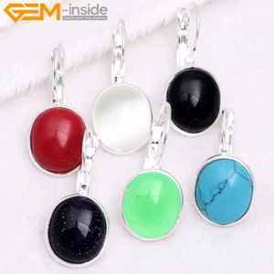 Hook Earrings Oval Red Coral Green Jade Stud Silver Plated Beaded Jewelry Stud - Picture 1 of 42