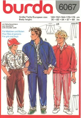 Burda 6067 Sporty High Collar Jacket w Button or Zip, Tapered Pants Sz 35" - 69" - Image 1 of 4