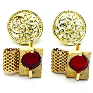 Vintage Gold Tone Cufflinks Lot of 2 Red Bead Mesh Foldover and Large Filigree - Picture 1 of 7