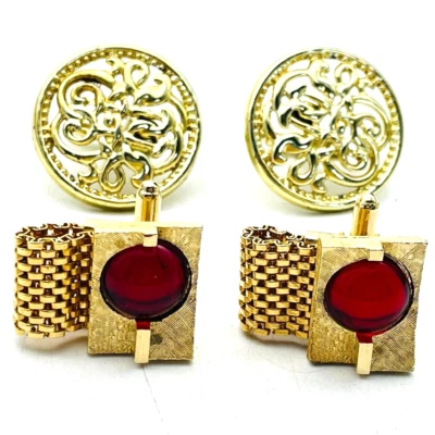 Lote de 2 gemelos vintage tono dorado malla de cuentas rojas plegables y filigrana grande Foto 1 de 4