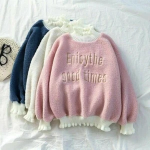 Damen Mädchen Süß Sweatshirt Fleece Pullover Top Kawaii Rüschenärmel - Bild 1 von 14