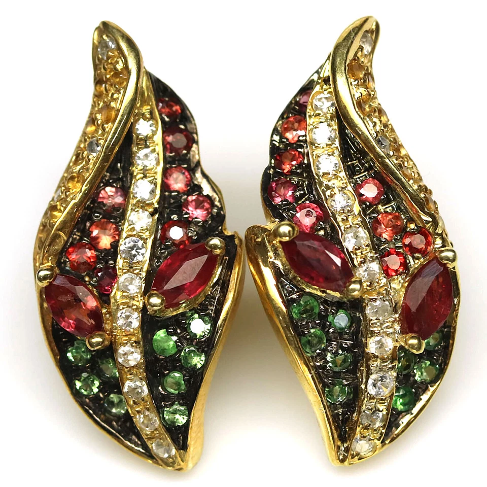 925 Sterling Silver Orange Sapphire, Tsavorite & Zircon Earrings 18K Gold Plated - Image 1 of 4