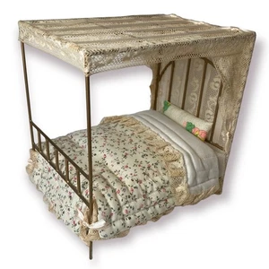  Cama con 4 carteles con dosel doble miniatura vintage - muebles para casa de muñecas - Imagen 1 de 5