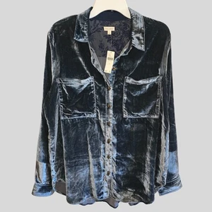 Anthropologie Pilcro Hadley Velvet Shirt Blue Large NWT Button Down Relaxed Fit - Picture 1 of 15