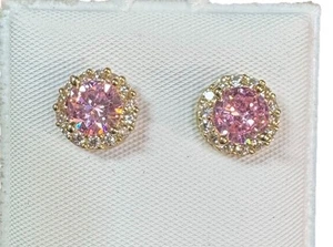 Pendientes reales de piedra sintética rosa y blanca de oro amarillo de 14K - Imagen 1 de 3