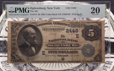 1882 $5 National VALUE Back Bank Note *OGDENSBURG* NY Fr#574 PMG VF20 CH#2446 - Image 1 of 4