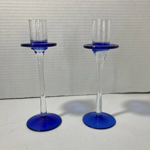 Vetro artistico soffiato a mano non marcato blu cobalto e trasparente 2 pz. Set candelabri - Foto 1 di 15
