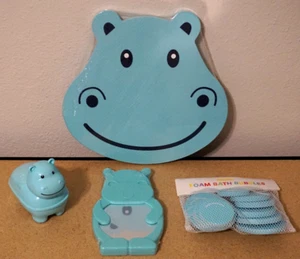 (4 Lot) Baby & Kids Animal Hippo Bath Tub Set - Pad Mirror Soap Holder Bubbles - Picture 1 of 5