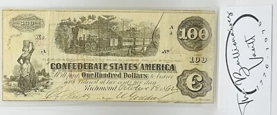 1862 CSA $100 Note - T40 Richmond - Large Size Confederate - First Train Note - Image 1 of 3