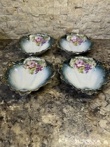 Vintage Pink Rose & Grapes W/Gold Accent Porcelain China 1 Handled 4 Fruit Bowls - Picture 1 of 6
