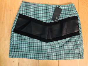 NEW STRADIVARIUS Size 12 Gingham Green Black Check & Faux Leather A Line Skirt - Picture 1 of 5