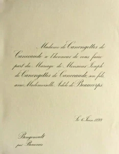 CANONGETTES DE CANECAUDE Adele de Beaucorps FAIRE PART MARIAGE 1899 - Foto 1 di 2
