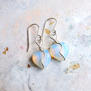 Opalite Moonstone Sterling Silver Heart Drop Earrings Handmade Gift Wrapped - Picture 1 of 3