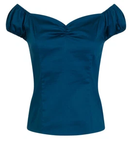 Prohibida «WINNIE RETRO» Pin Up Manga Abullonada Vintage Blusa Camisa Verde Azulado Rockabilly - Imagen 1 de 3